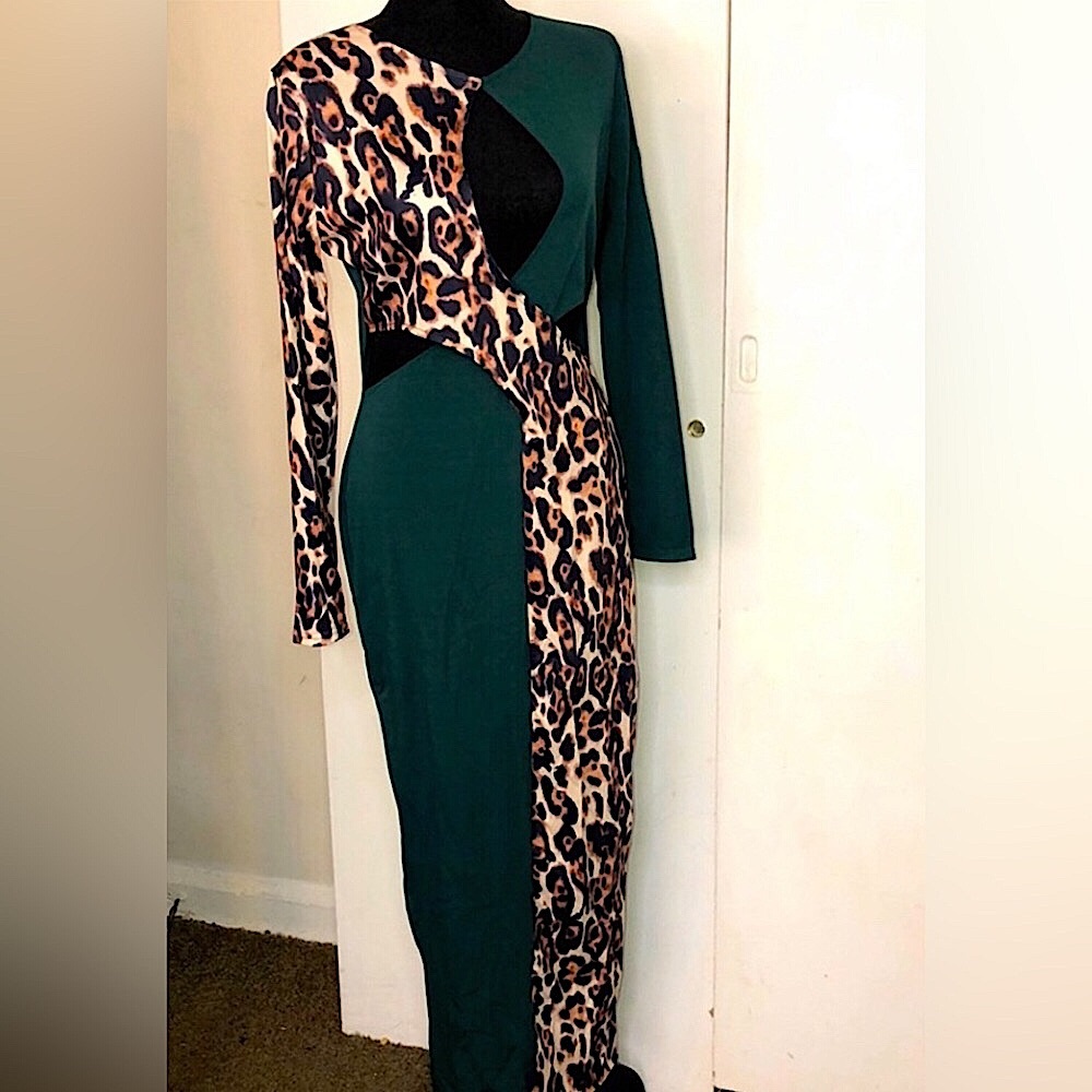 Dark Green Color Block Leopard Print Dress